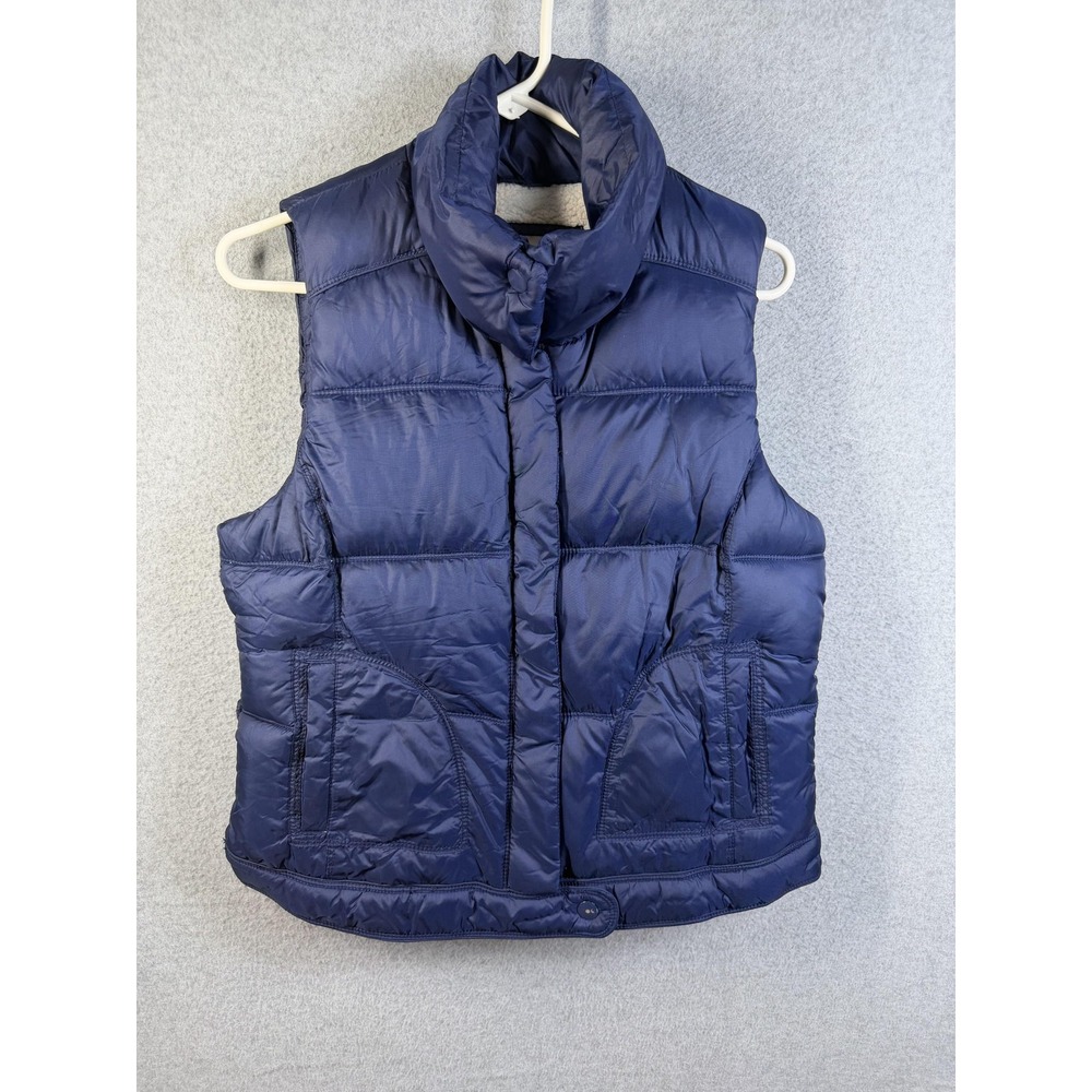 Old Navy Vest Womens Medium Blue Quilted Puffer Sherpa Fleece Lined Zip Pockets